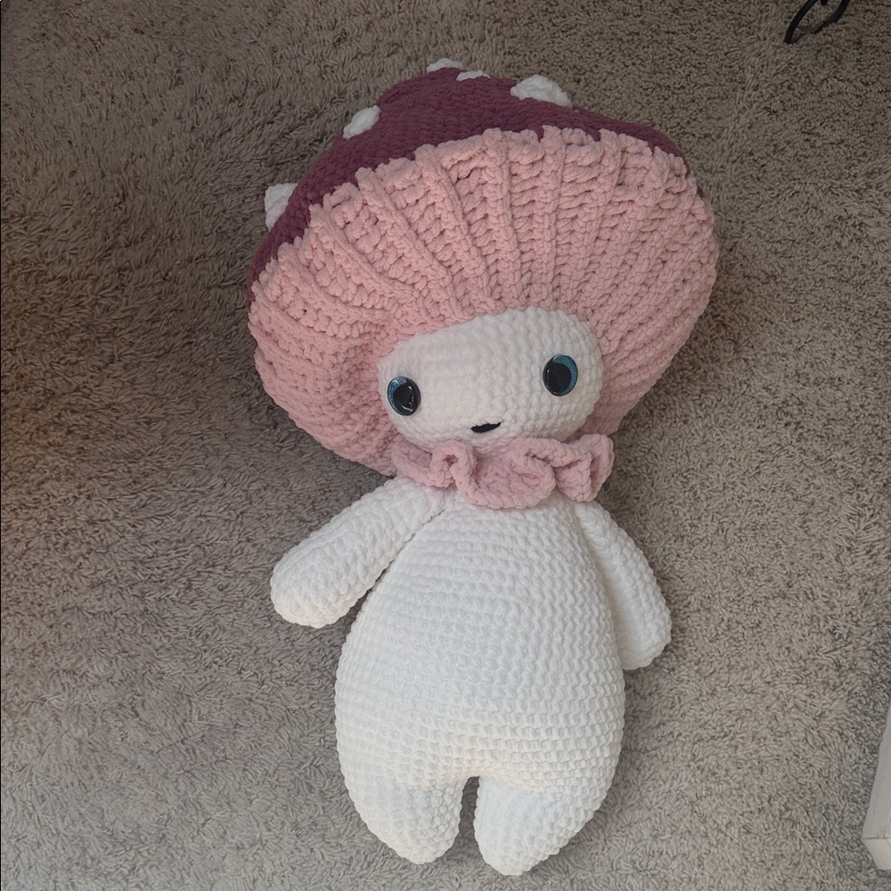 Handmade Crochet Mushroom Doll Plush - Pink & White
